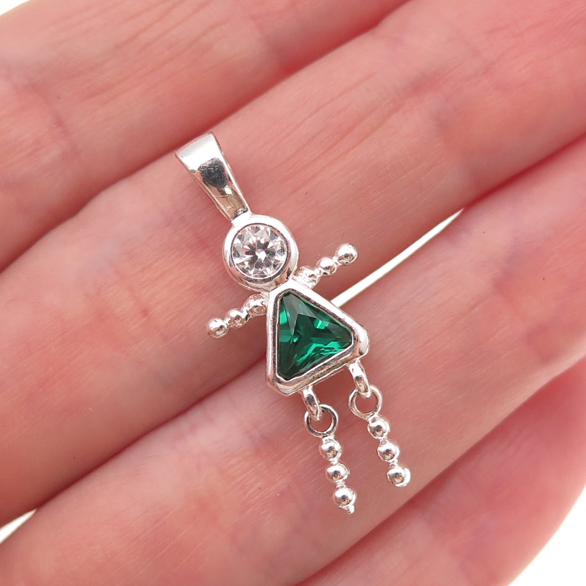 925 Sterling Silver C Z May Birthstone Girl Articulated Charm Pendant