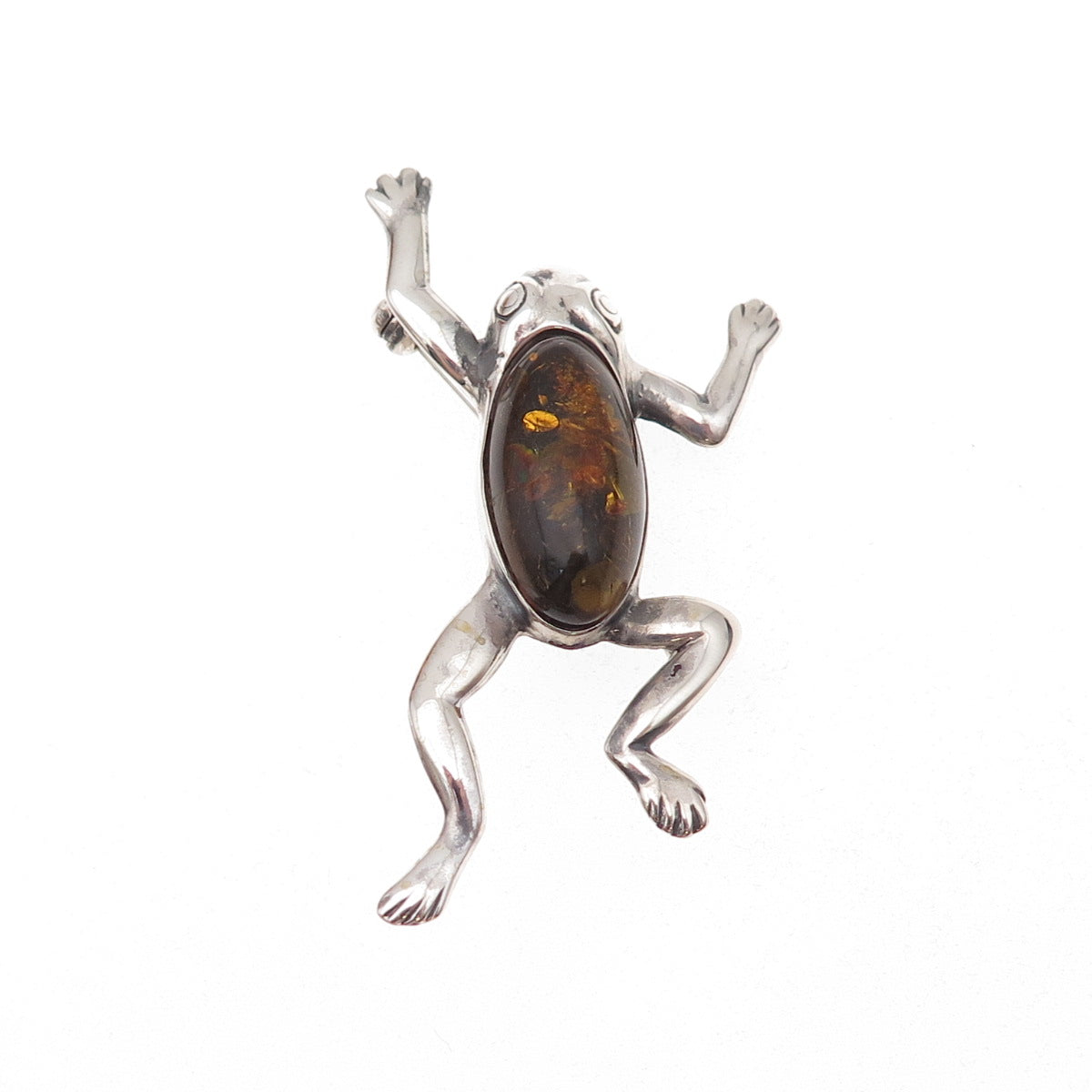 925 Sterling Silver Vintage Real Amber Good Luck Oxidized Pin Brooch