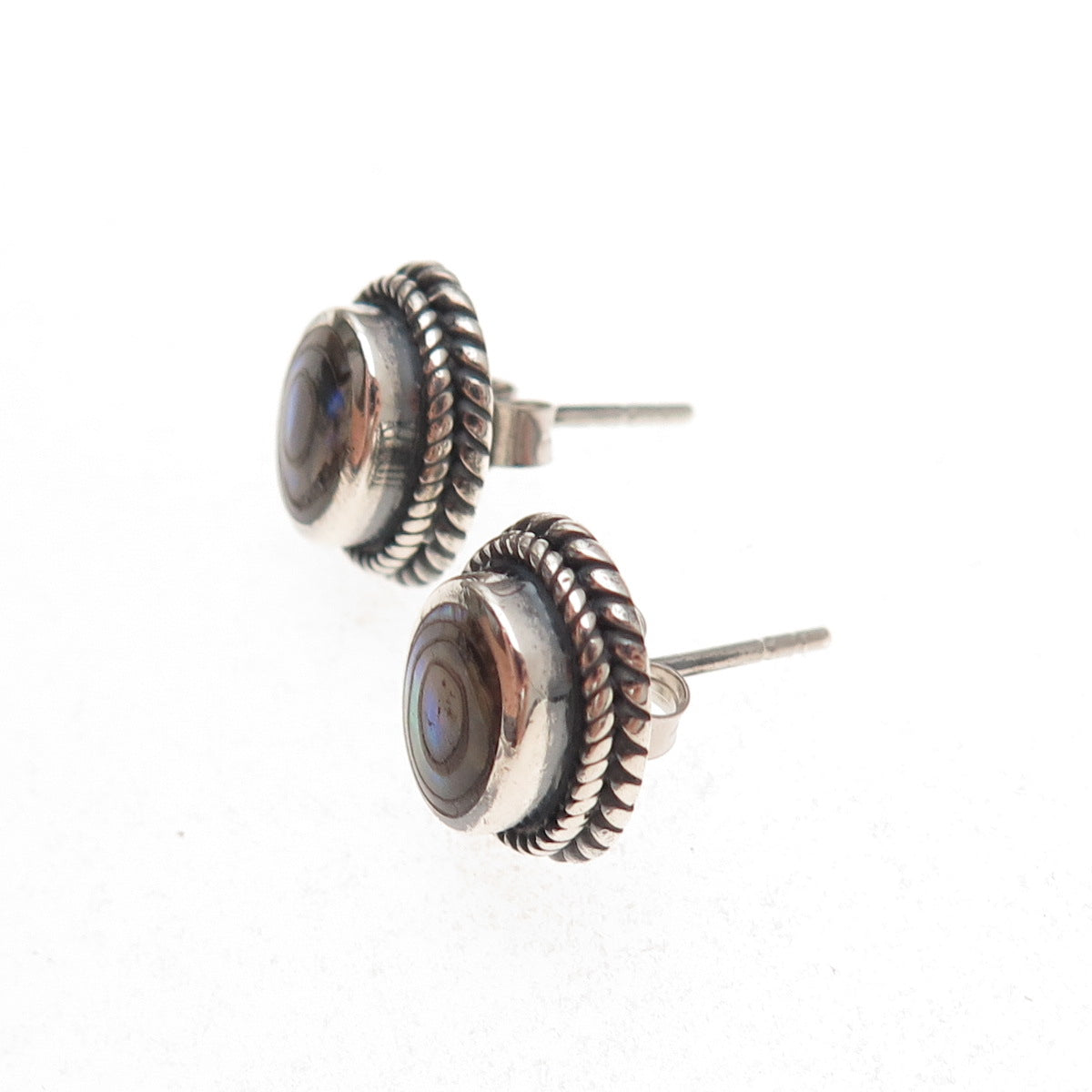 Boma 925 Sterling Silver Vintage Real Abalone Shell Oxidized Stud Earrings