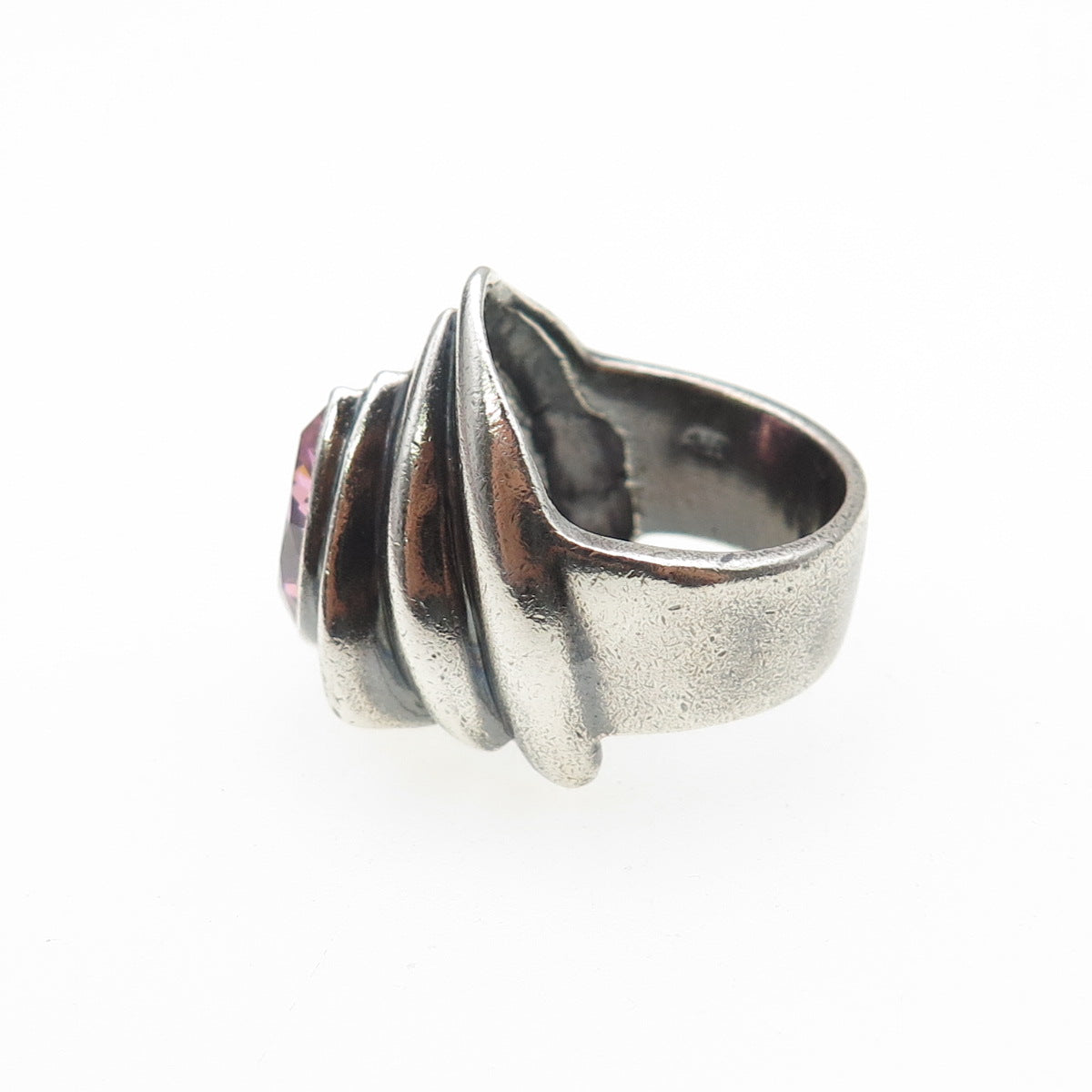 925 Sterling Silver Vintage Pear-Cut Pink C Z Modernist Oxidized Ring Size 5.75