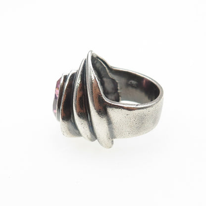 925 Sterling Silver Vintage Pear-Cut Pink C Z Modernist Oxidized Ring Size 5.75
