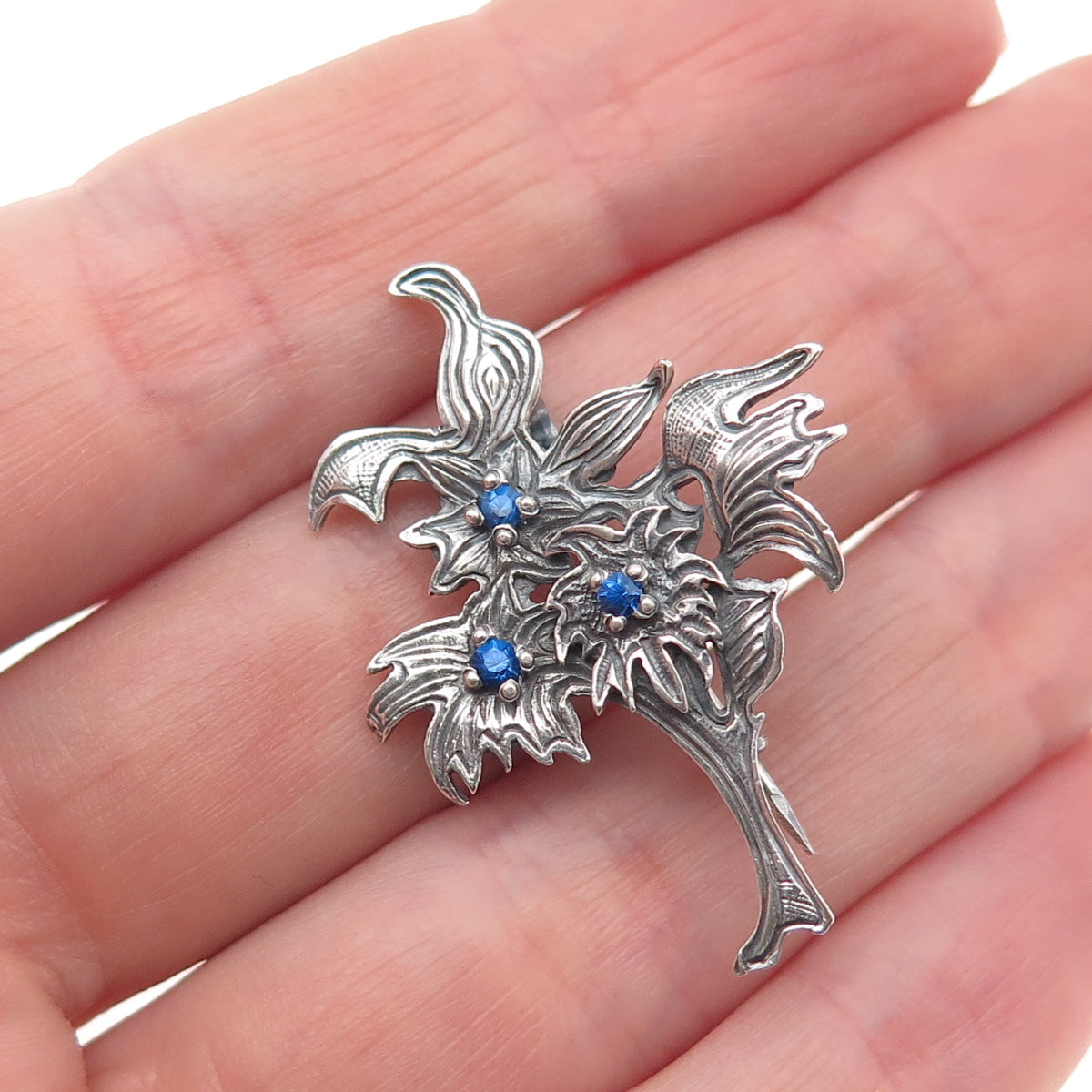 925 Sterling Silver Vintage Poland Blue Rhinestone Flower Oxidized Pin Brooch