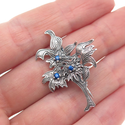 925 Sterling Silver Vintage Poland Blue Rhinestone Flower Oxidized Pin Brooch