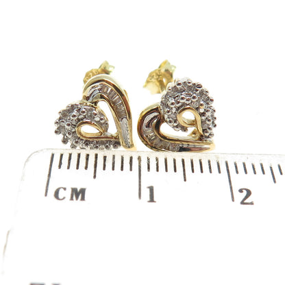 SUN Sterling Silver Gold Plated Real Round & Baguette-Cut Diamond Heart Earrings