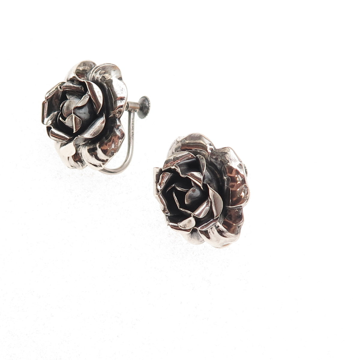 925 Sterling Silver Antique Art Deco Rose Flower Oxidized Screw Back Earrings