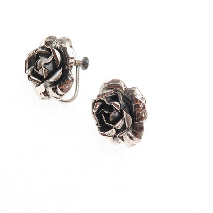925 Sterling Silver Antique Art Deco Rose Flower Oxidized Screw Back Earrings