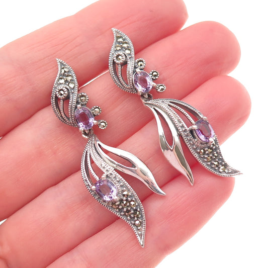 Judith Jack Sterling Silver Vintage Real Amethyst & Marcasite Floral Earrings
