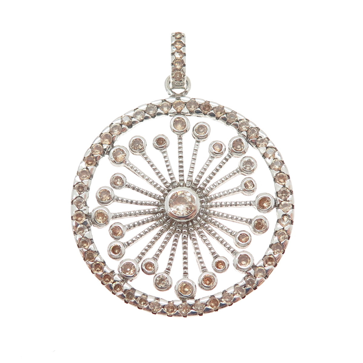 925 Sterling Silver Round-Cut Champagne C Z Flower Circle Pendant