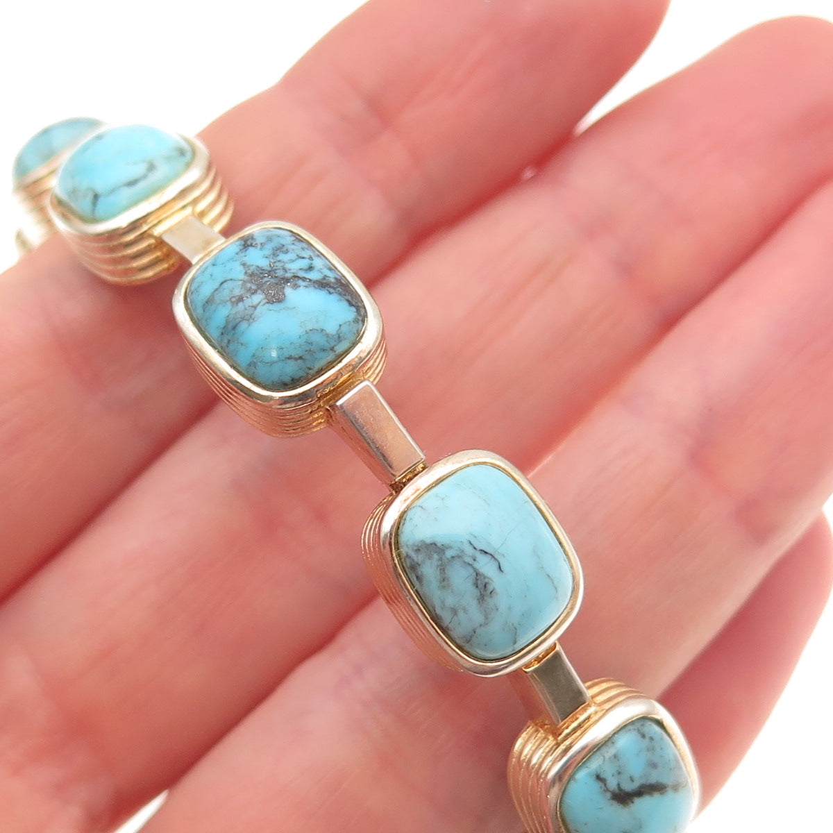925 Sterling Silver Gold Plated Real Tyrone Turquoise Station Bangle Bracelet 8"
