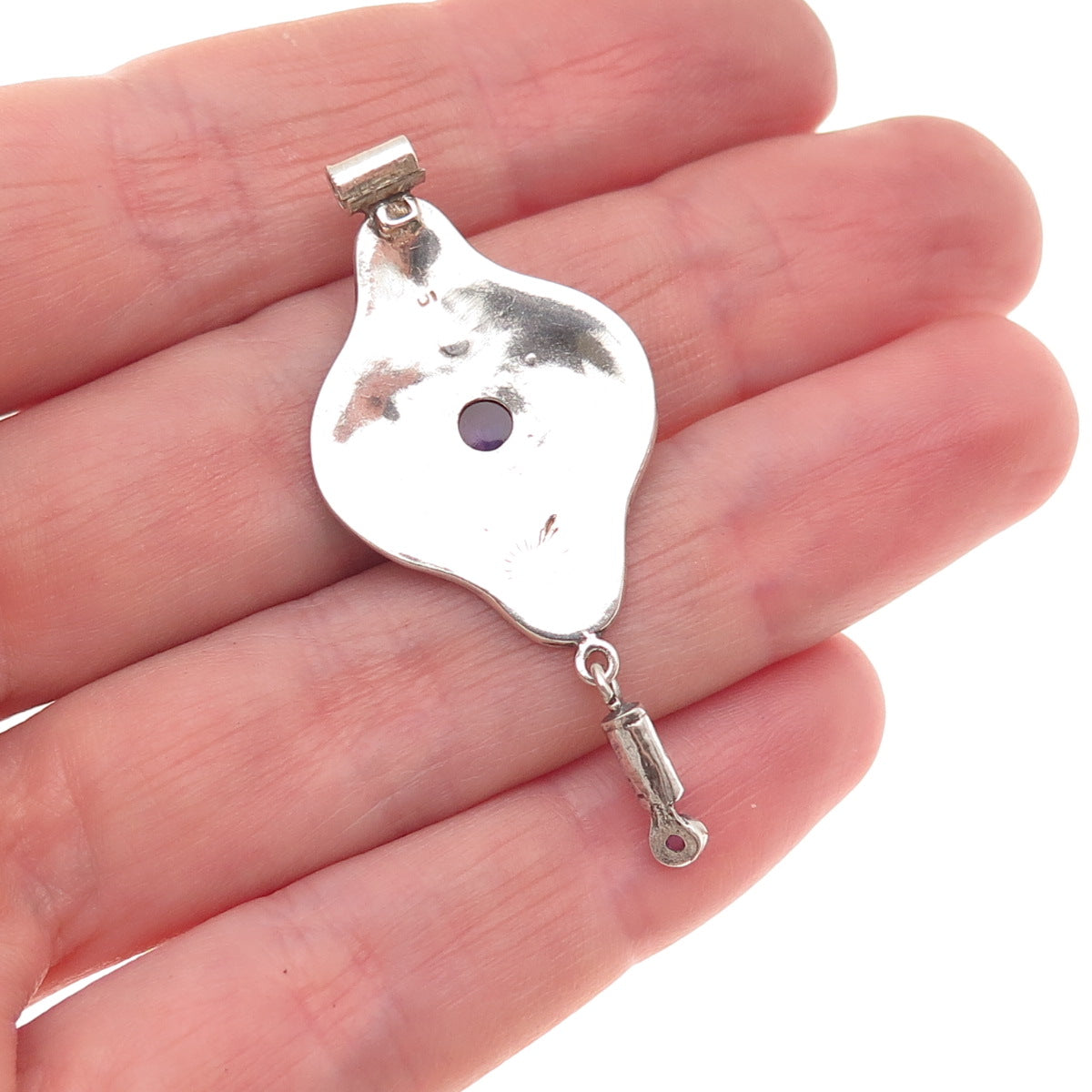925 Sterling Silver Vintage Real Amethyst Modernist Oxidized Slide Pendant