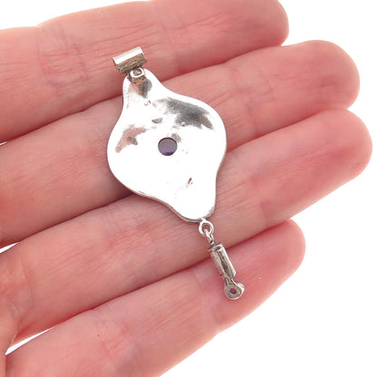 925 Sterling Silver Vintage Real Amethyst Modernist Oxidized Slide Pendant