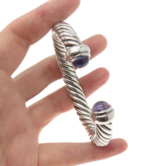 925 Sterling Silver Vintage Amethyst Gem Twisted Cuff Heavy Bracelet 6.75"