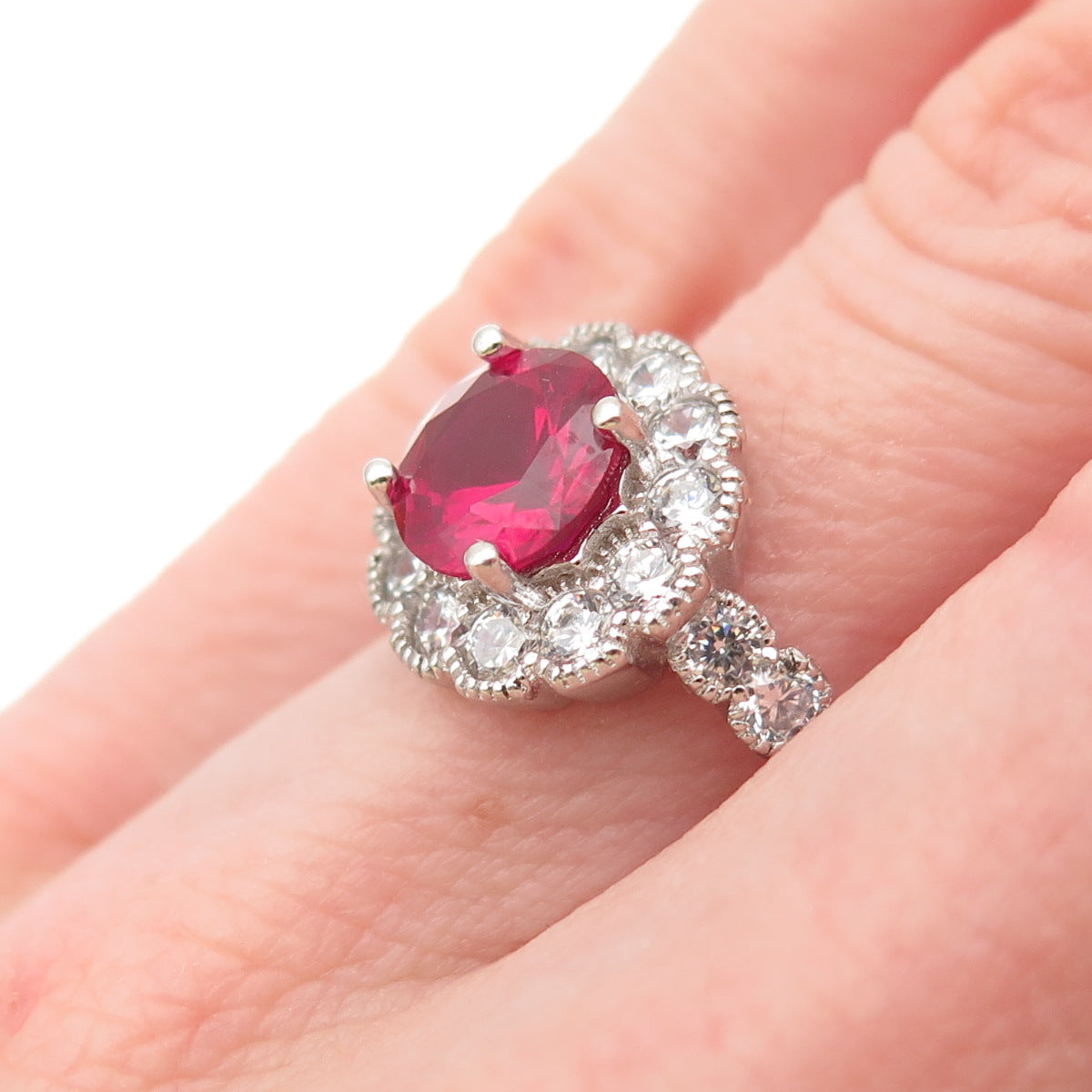 925 Sterling Silver Vintage Round-Cut Lab-Created Ruby & C Z Ring Size 7