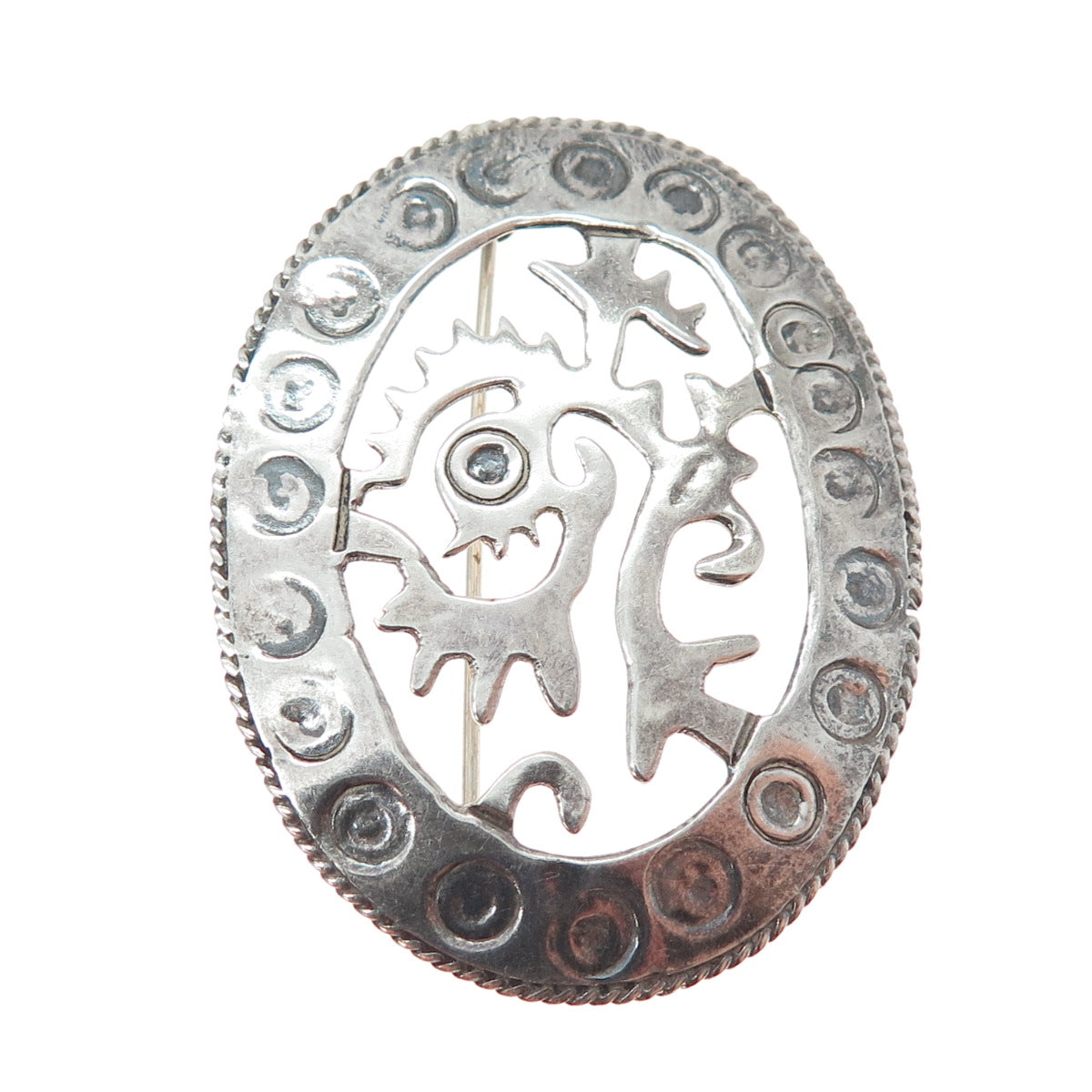 925 Sterling Silver Vintage Mexico Aztec God Quetzalcoatl Oxidized Pin Brooch