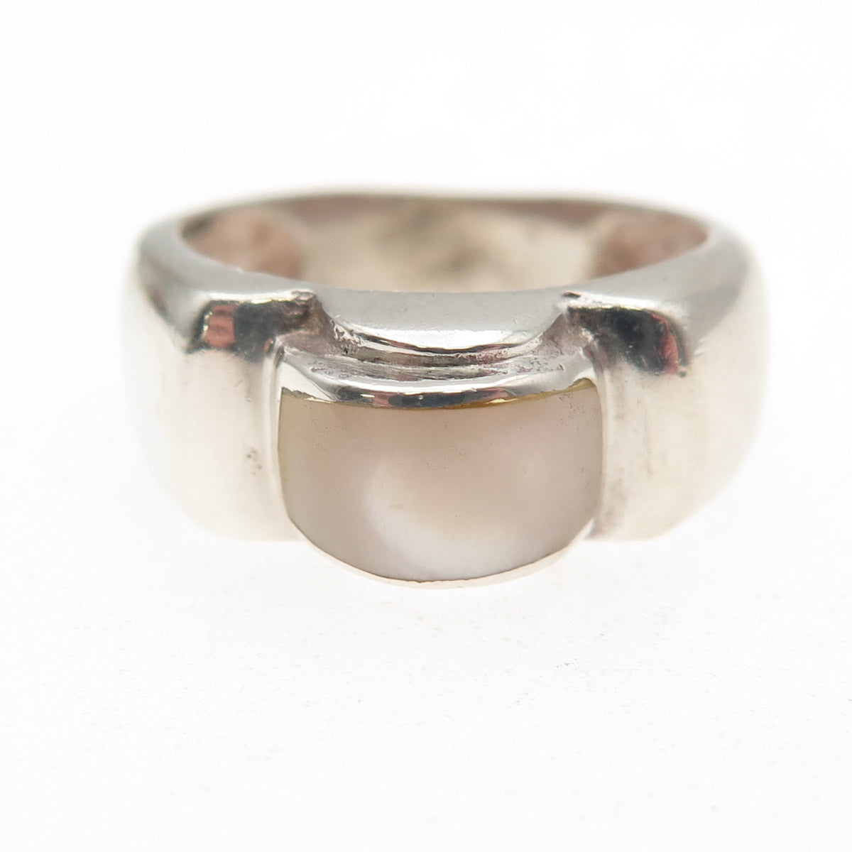 925 Sterling Silver Vintage Real MOP Modernist Oxidized Ring Size 7.25