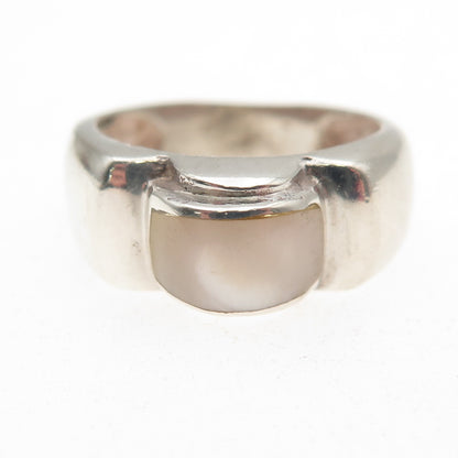 925 Sterling Silver Vintage Real MOP Modernist Oxidized Ring Size 7.25