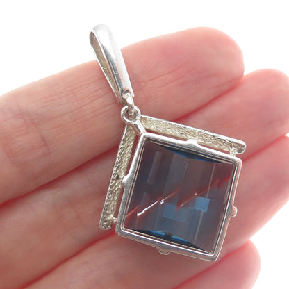 925 Sterling Silver Vintage Checkered Blue Glass Modernist Pendant