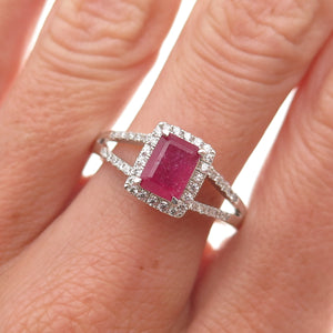 925 Sterling Silver Real Emerald-Cut Ruby & Round-Cut C Z Ring Size 9.25