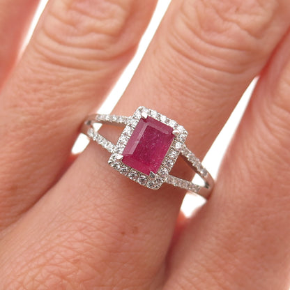 925 Sterling Silver Real Emerald-Cut Ruby & Round-Cut C Z Ring Size 9.25