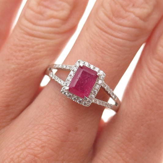 925 Sterling Silver Real Emerald-Cut Ruby & Round-Cut C Z Ring Size 9.25