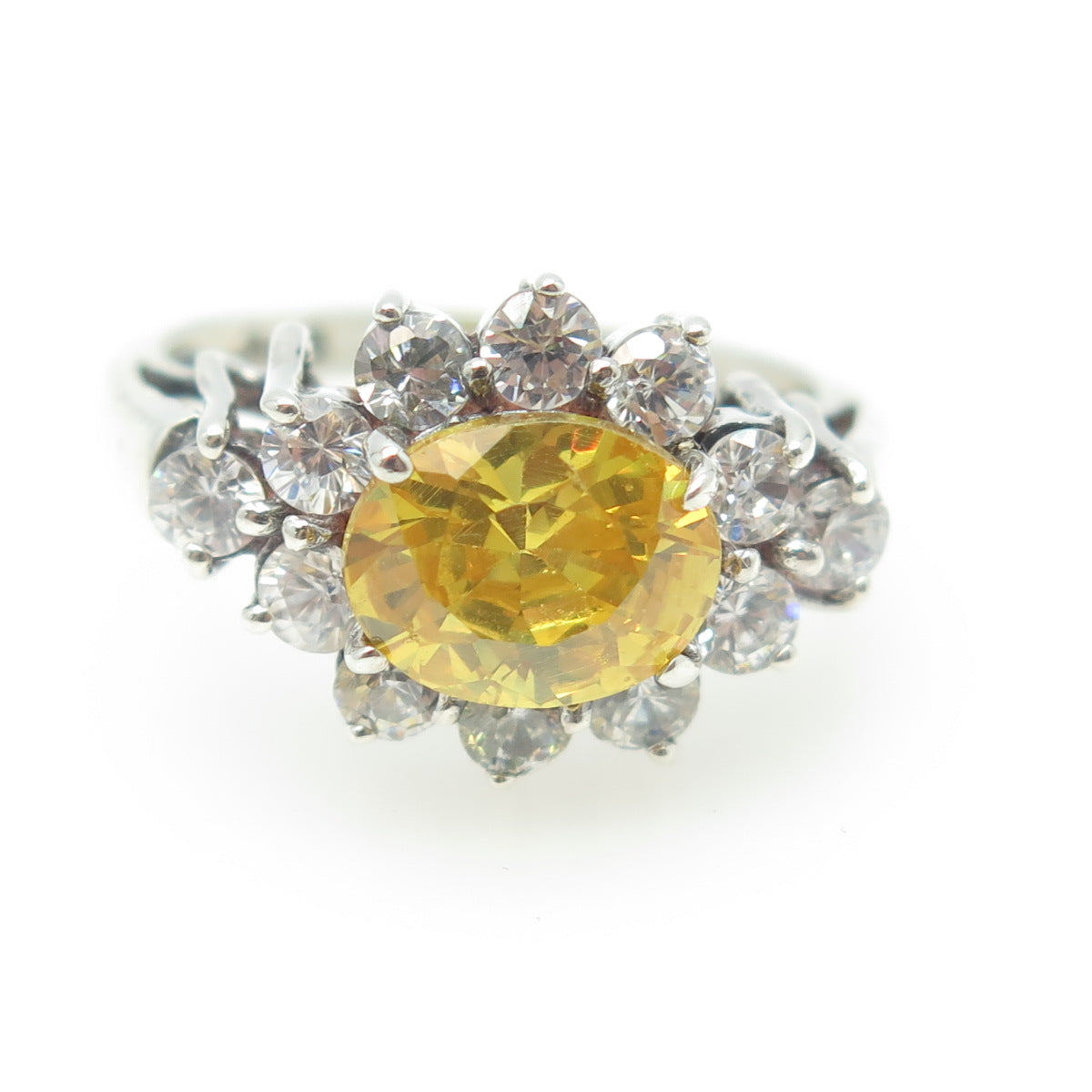 925 Sterling Silver Oval & Round-Cut Canary & White C Z Cluster Ring Size 7.25