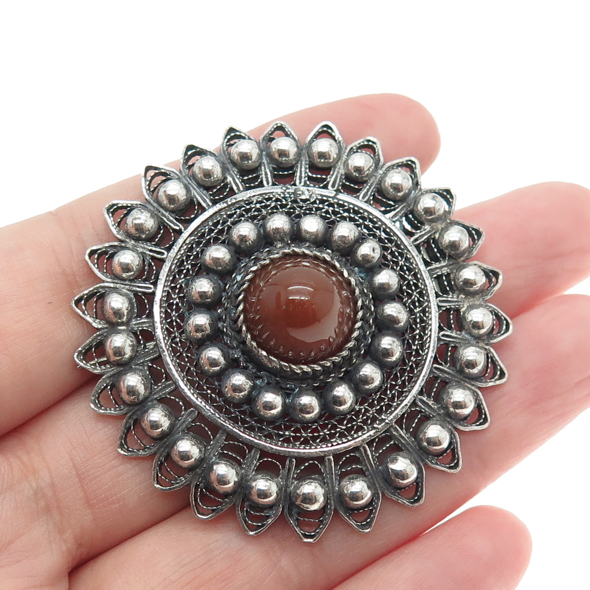 800 Silver Antique Egypt Real Red Agate Gemstone Filigree Pin Brooch