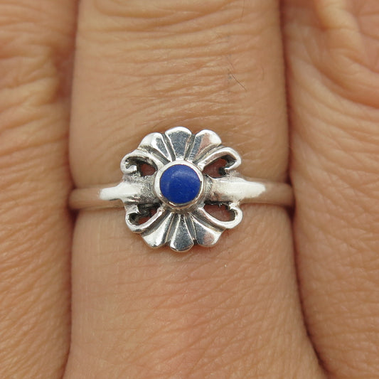 925 Sterling Silver Vintage Southwestern Real Lapis Lazuli Floral Ring Size 7.75