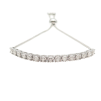 925 Sterling Silver Real Diamond Tennis Link Adjustable Bolo Bracelet 6-8.5"