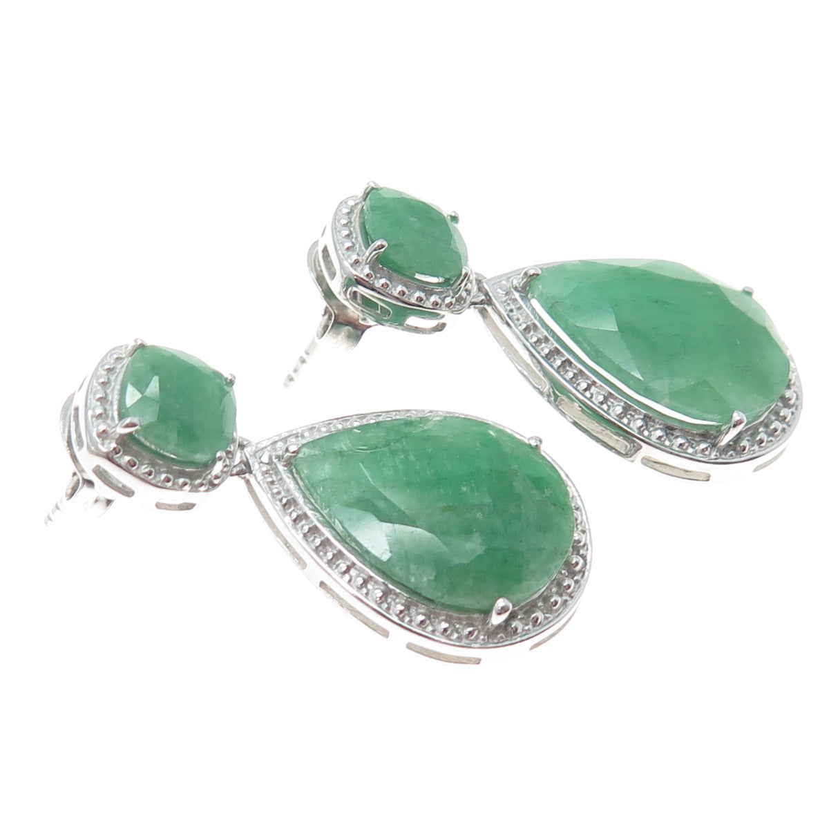 925 Sterling Silver Real Cushion & Pear-Cut Emerald Teardrop Dangle Earrings