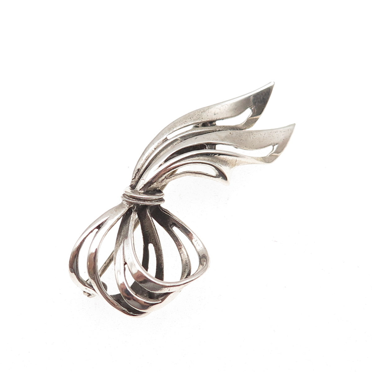 Beau 925 Sterling Silver Vintage Modernist Ribbon Oxidized Pin Brooch