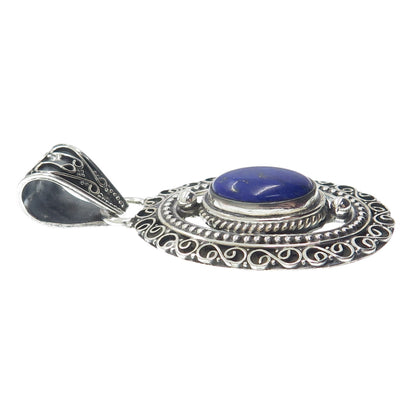 925 Sterling Silver Vintage Real Lapis Lazuli Gemstone Boho Ornate Pendant