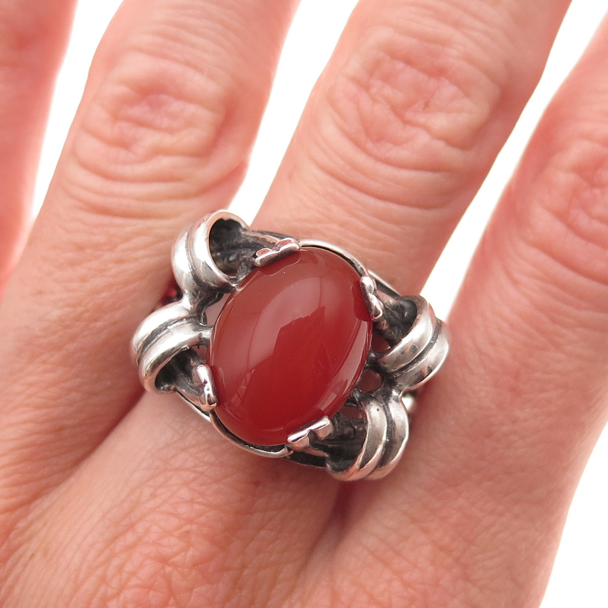 925 Sterling Silver Vintage Real Carnelian Modernist Oxidized Ring Size 9.25