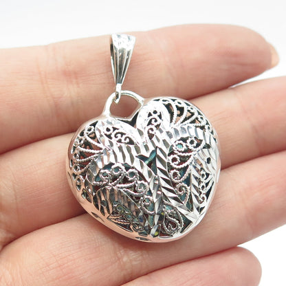 925 Sterling Silver Vintage Filigree Puffy Heart Pendant