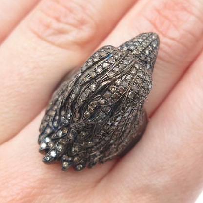 925 Sterling Silver Black Rhodium & 14K Gold Real Diamond Eagle Ring Size 8