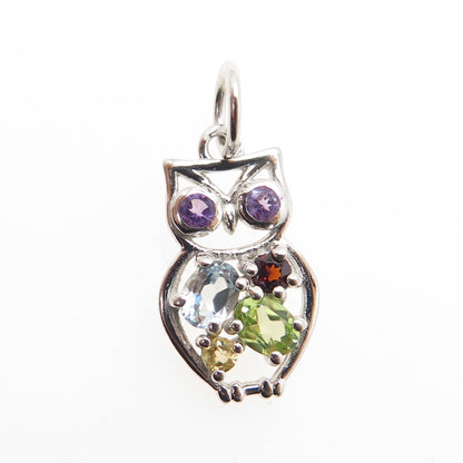 HAN 925 Sterling Silver Topaz Amethyst Peridot Citrine & Garnet Owl Mini Pendant