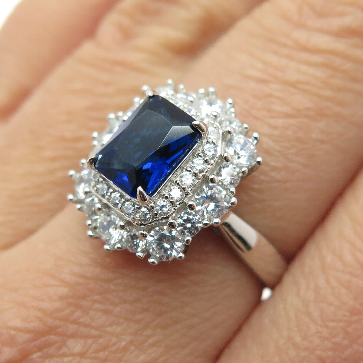DSMK 925 Sterling Silver Radiant-Cut Nano Sapphire & Round-Cut C Z Ring Size 7
