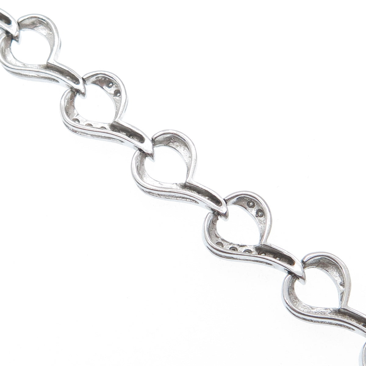 SUN 925 Sterling Silver Real Round-Cut Diamond Heart Link Bracelet 7"