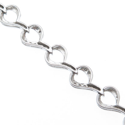 SUN 925 Sterling Silver Real Round-Cut Diamond Heart Link Bracelet 7"