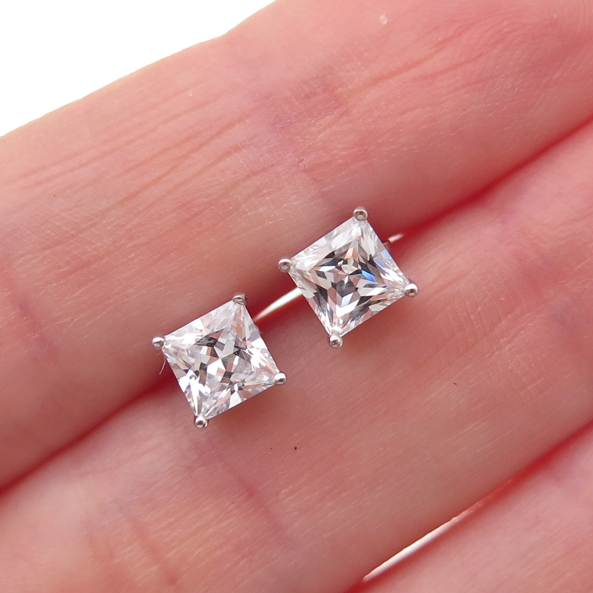 925 Sterling Silver Princess-Cut C Z Stud Earrings