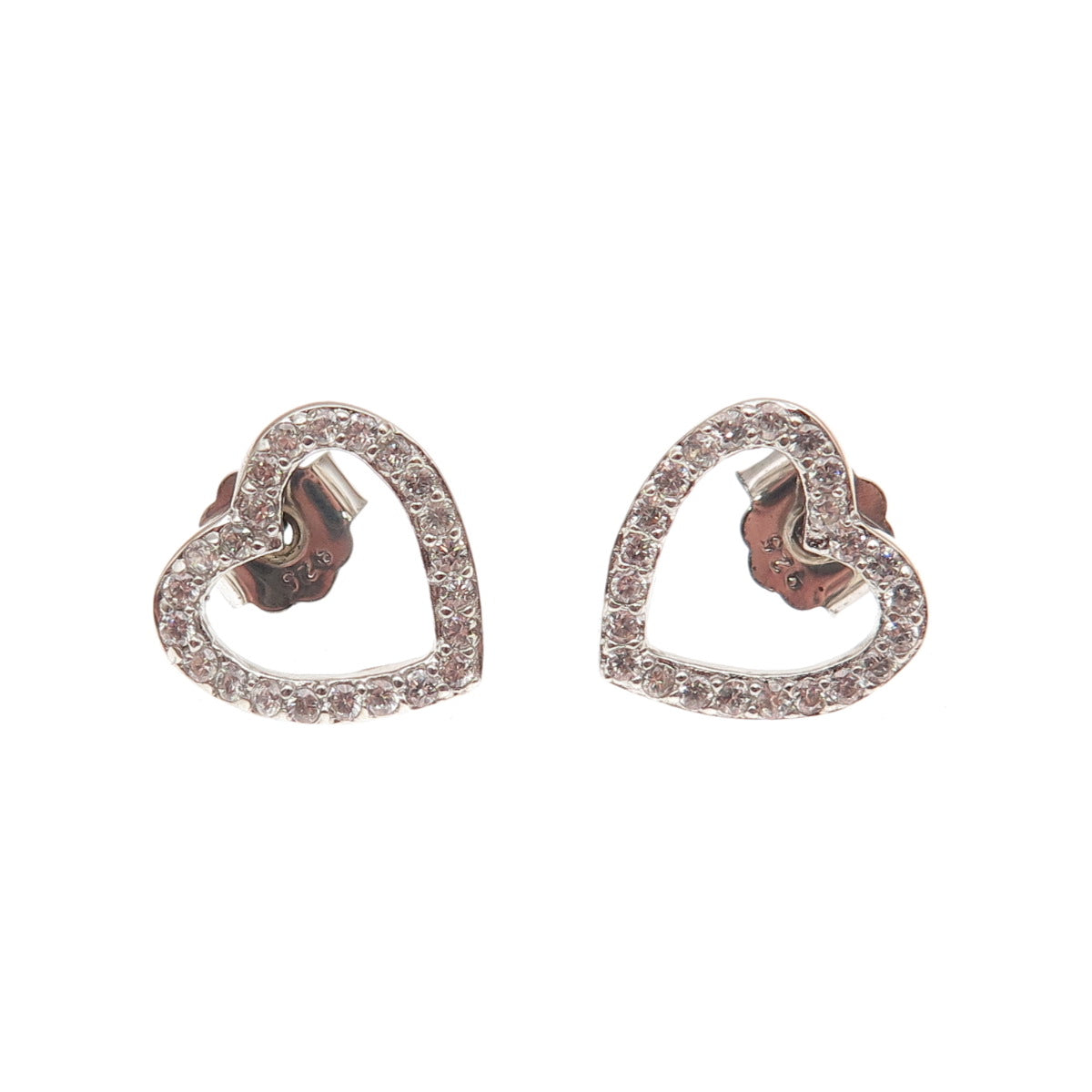 925 Sterling Silver Round-Cut C Z Open Heart Stud Earrings
