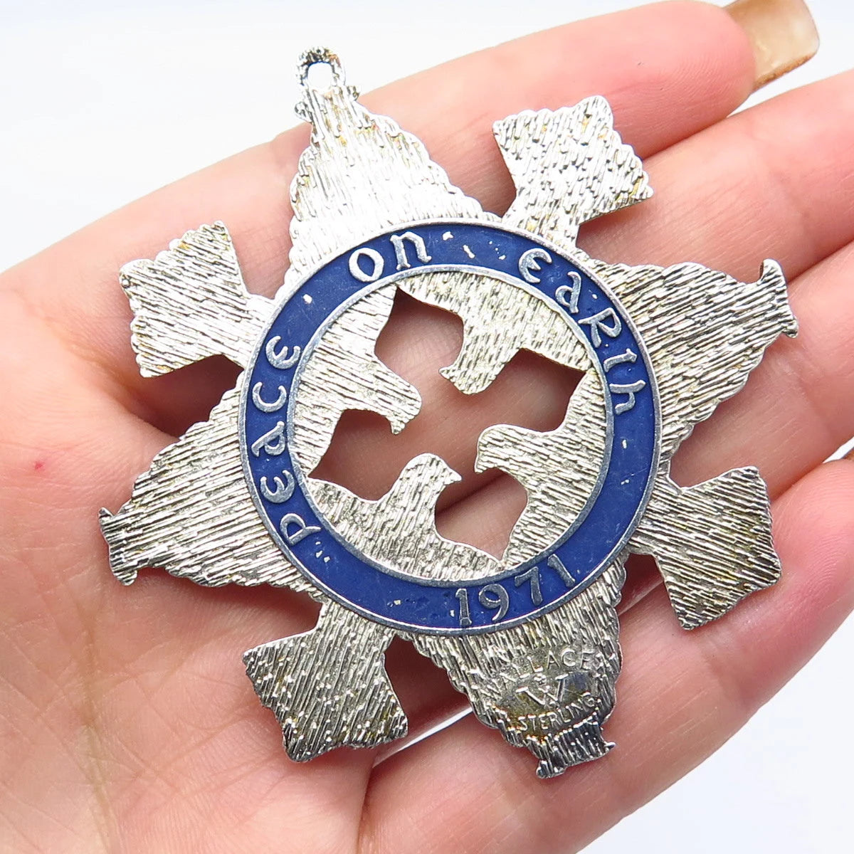 925 Sterling Silver Vintage Wallace Enamel Peace on Earth Sign Ornament