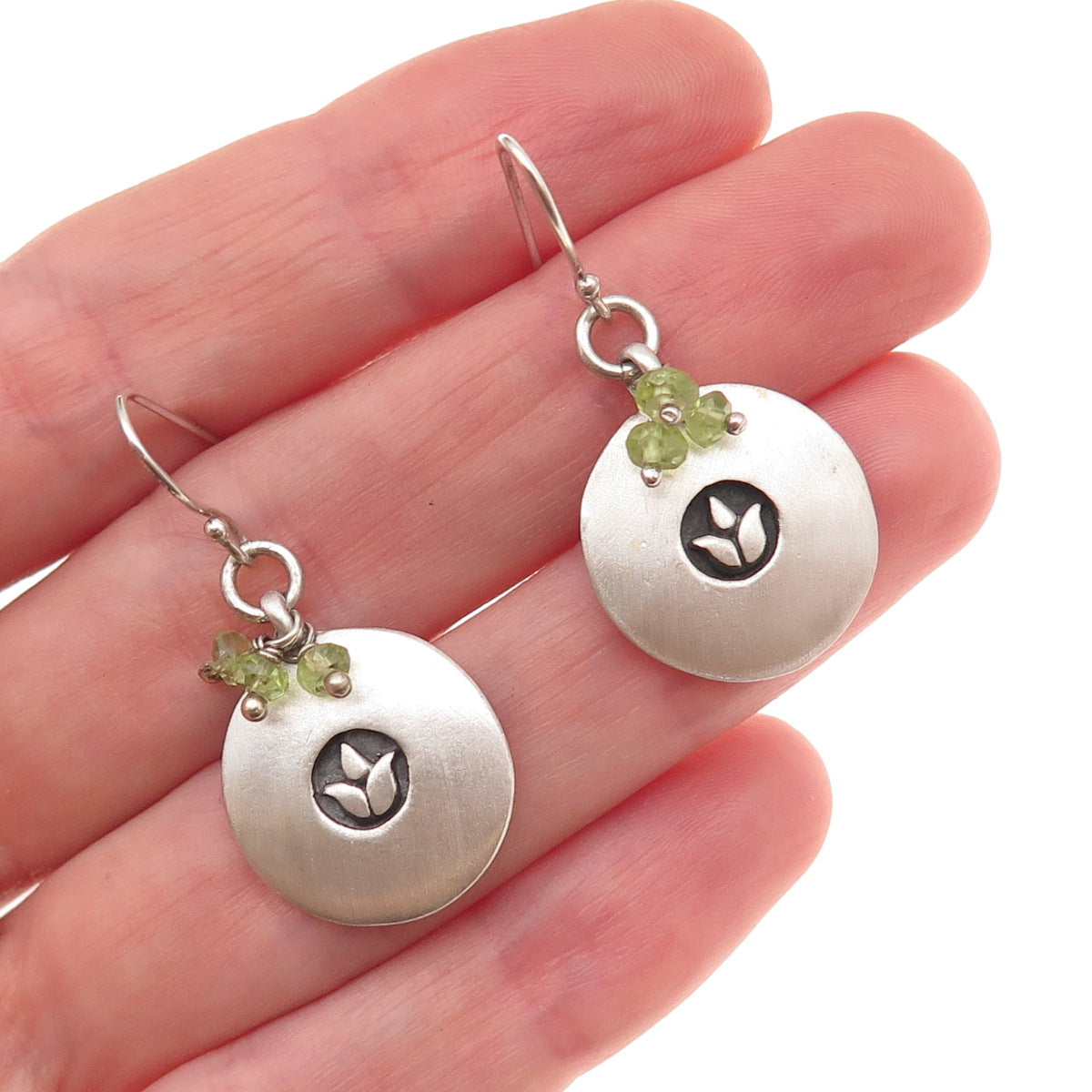 Satya 925 Sterling Silver Vintage Real Peridot Tulip Oxidized Dangle Earrings