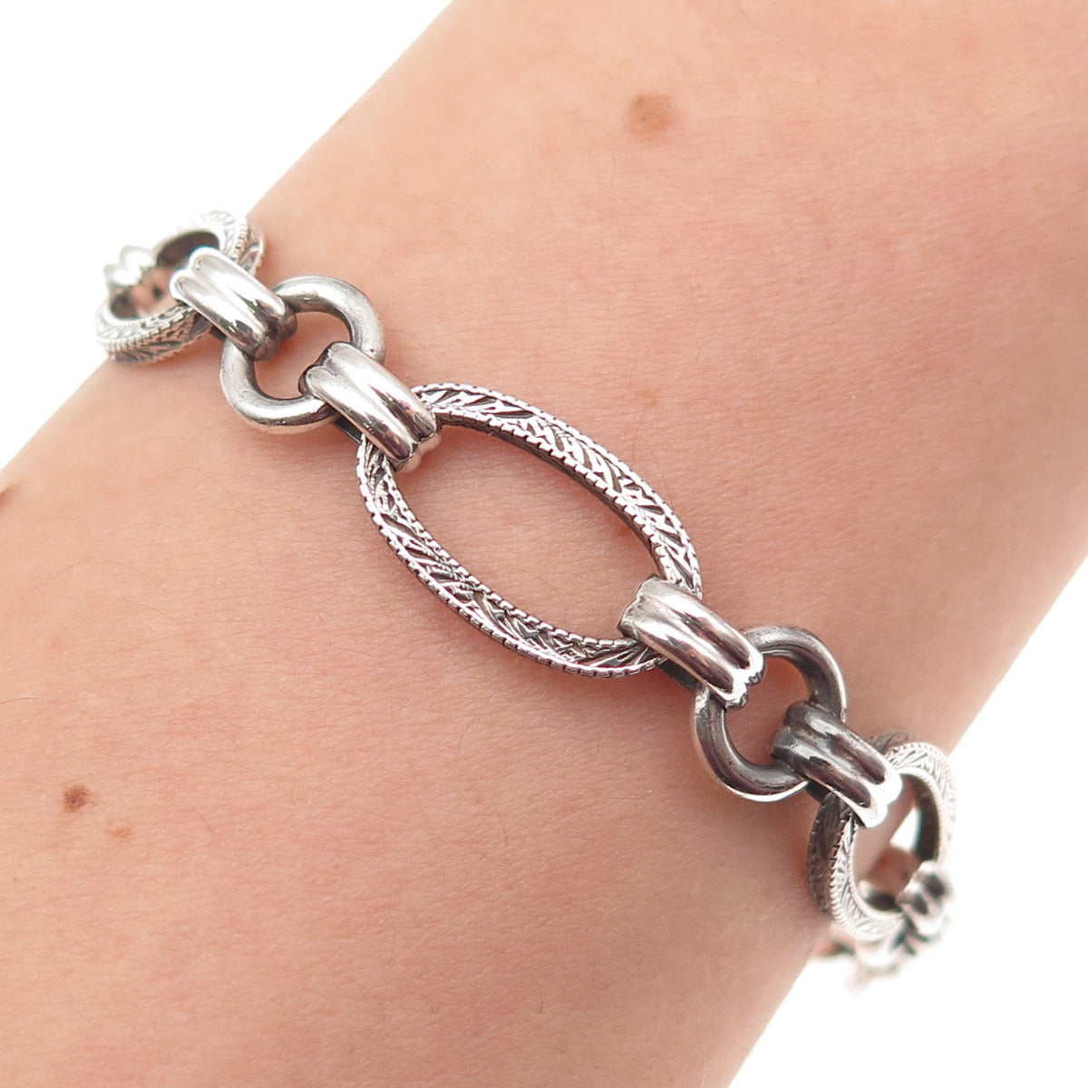 925 Sterling Silver Vintage Engraved Multi-Link Oxidized Bracelet 7.5"