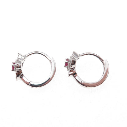925 Sterling Silver Pink & White C Z Floral Hoop Earrings