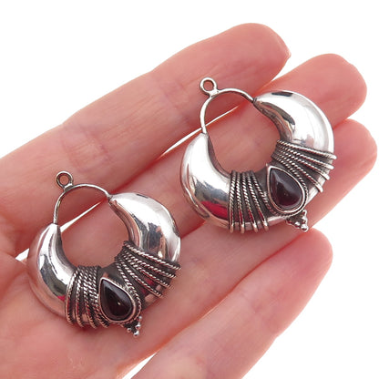 Silver Plated Vintage Real Rhodolite Modernist Oxidized Jacket Earrings