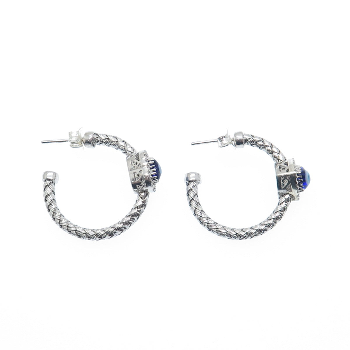 925 Sterling Silver Real Diamond & Murano Glass Evil's Eye Woven Hoop Earrings