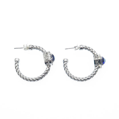 925 Sterling Silver Real Diamond & Murano Glass Evil's Eye Woven Hoop Earrings