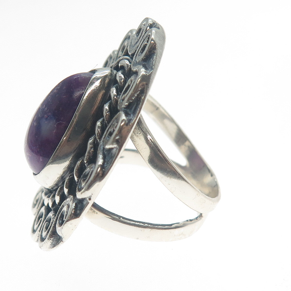 925 Sterling Silver Vintage Real Pear-Cut Charoite Spiral Oxidized Ring Size 8