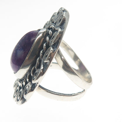 925 Sterling Silver Vintage Real Pear-Cut Charoite Spiral Oxidized Ring Size 8