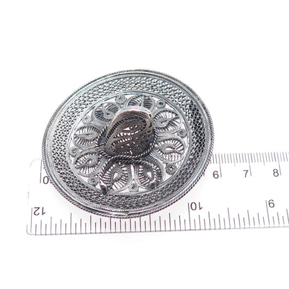 900 Silver Vintage Mexico Sombrero Hat Filigree Oxidized Pin Brooch